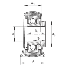 直立式軸承座單元 RPB12, 鋼板軸承座，帶偏心鎖圈和橡膠襯墊的外球面球軸承，P 型密封